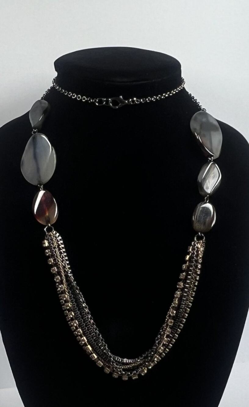 Bold Chunky Banded Agate Multil Drop Chains Rhinestones Statement Necklace